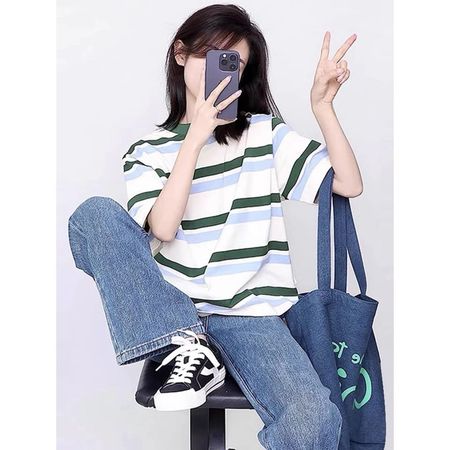 Retro Straight Shoulder Short Sleeve T-Shirt Women's Summer Slim Top