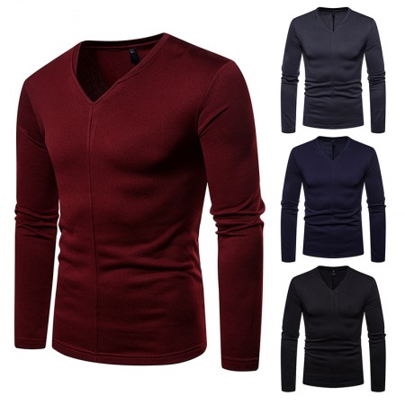 Men's Plus Size Plus Velvet Warm V-Neck Long-Sleeved T-Shirt Base Shirt